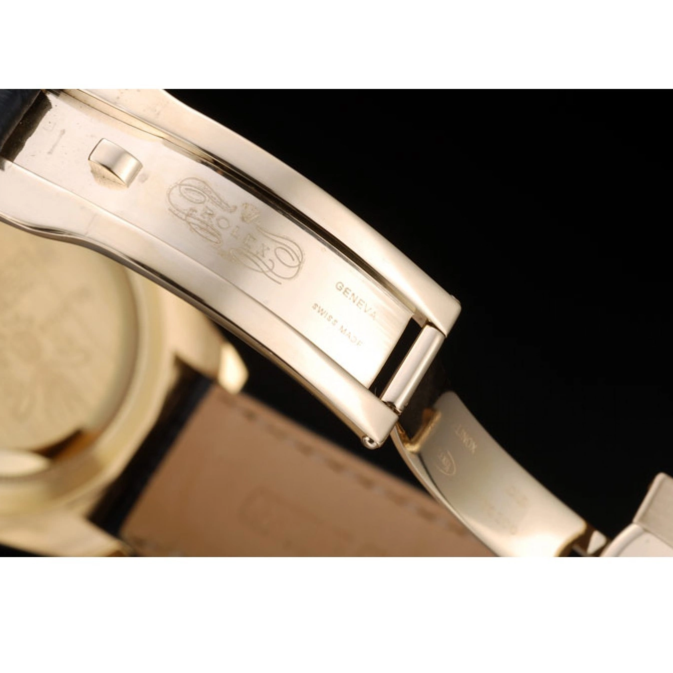 Aaa replica watch Gold Rolex Case Daytona Dial Leather Black Strap Blue 0701